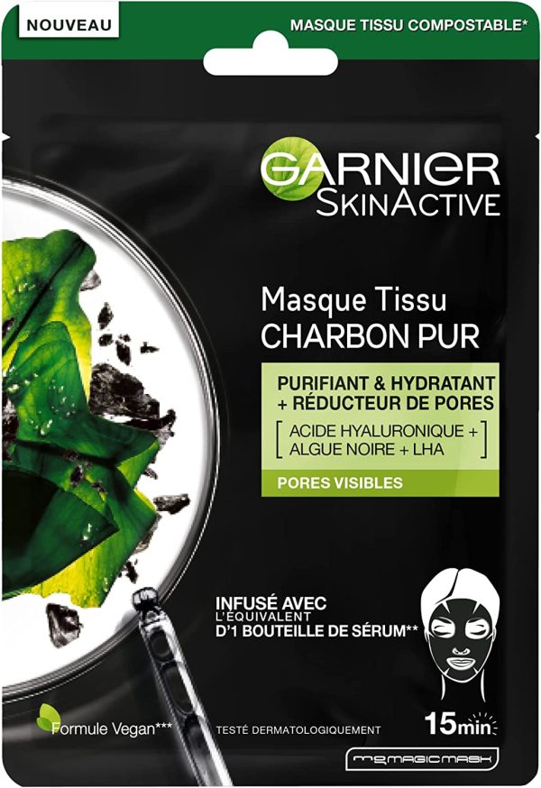 Garnier, Skin Active - Pure Charcoal, Paraben-Free, Mattifying & Hydrating, Sheet Mask, For Face, Day, 28 g - For Women