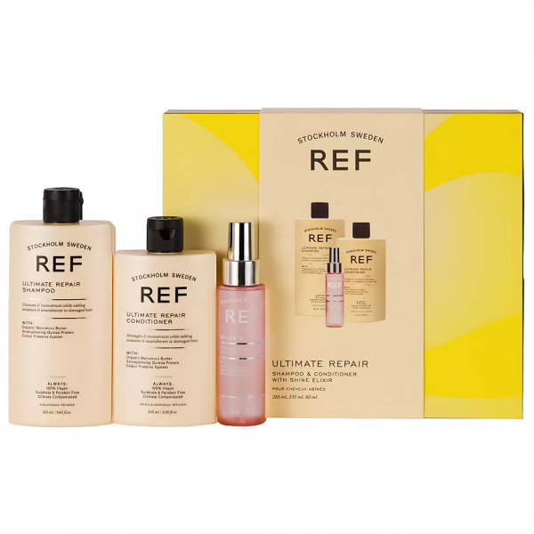 Gift Box Set Ref Stockholm: Ultimate Repair, Sulfates-Free, Hair Shampoo, Repairing & Strengthening, 285 ml + Ultimate Repair, Sulfates-Free, Hair Conditioner, For Hydrate/Detangle & Shine, 245 ml + Shine Elixir, Hair Serum, Softening, 80 ml - Unisex