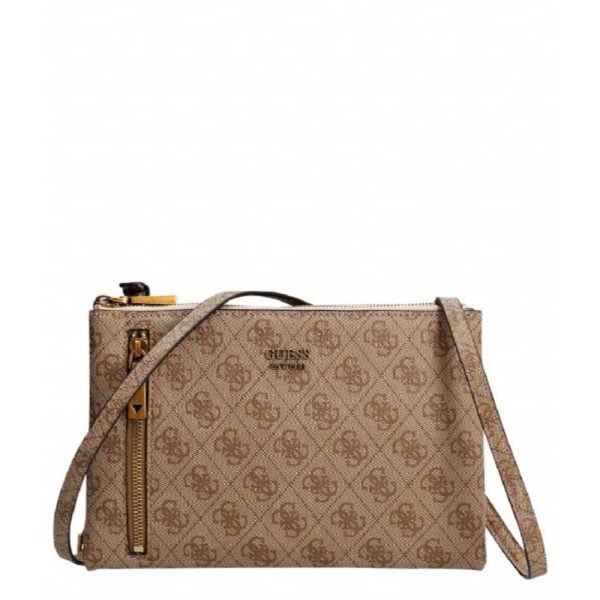 Guess, Naya Mini, Double Zip, Textile Crossbody Bag, Latte, HWSB78, For Women - For Women