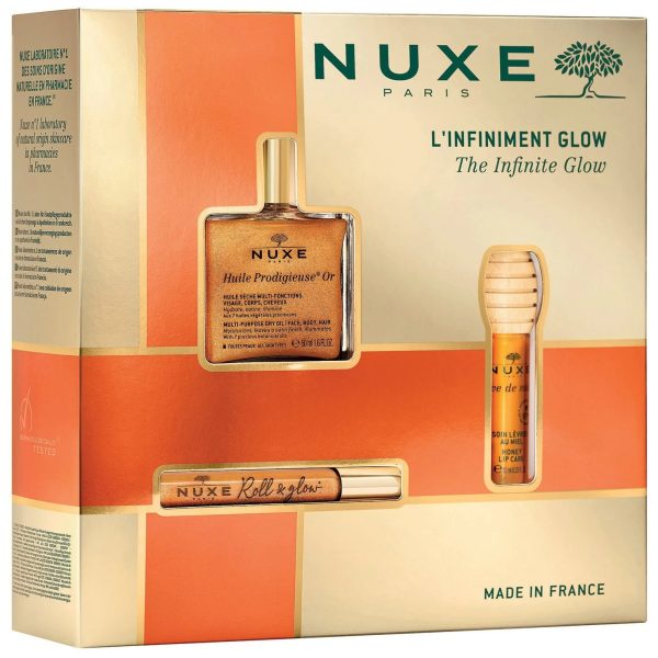 Infinite Glow Set Nuxe: Huile Prodigieuse Or Multi-Purpose, Body Oil, All Over The Body, 50 ml + Huile Prodigieuse Or Multi-Purpose, Nourishing, Roll-On Body Oil, 8 ml + Reve de Miel, Honey, Lip Balm, 10 g - For Women