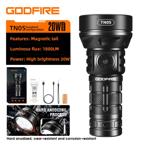 Lanterna LED Godfire TN05, 20w, 1600 lm, 362 m, ip55, magnet, USB-C, 5 moduri, Lumina de urgenta