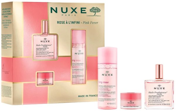 Pink Fever Set Nuxe: Huile Prodigieuse Or Florale, Moisturizing, Body Oil, For Body, Face & Hair, 50 ml + Very Rose, Cleansing, Micellar Water, For Sensitive Skin, 100 ml + Very Rose, Lip Balm, 15 g - For Women