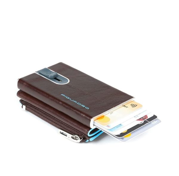 Piquadro, Blue Square, Leather Card Holder, Square Sliding System with Zipped Coin Pocket, PP4891B2R-MO, Mahogany, For Men - For Men