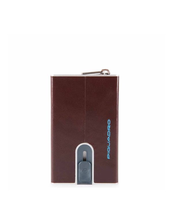 Piquadro, Blue Square, Leather Card Holder, Square Sliding System with Zipped Coin Pocket, PP5359B2R-MO, Mahogany, For Men - For Men