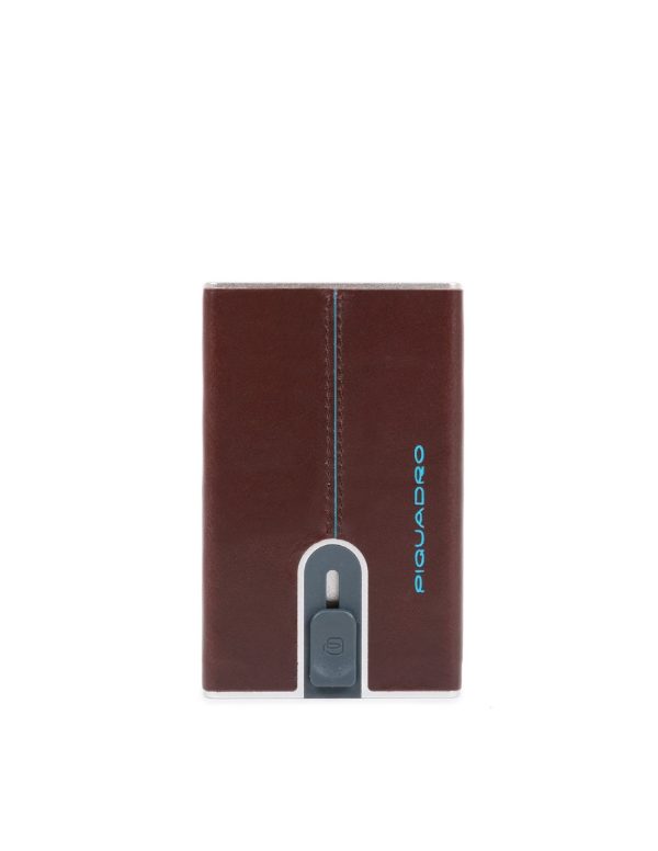 Piquadro, Blue Square, Leather Card Holder, Square Sliding System with Money Clip, PP5358B2R, Mahogany, For Men - For Men