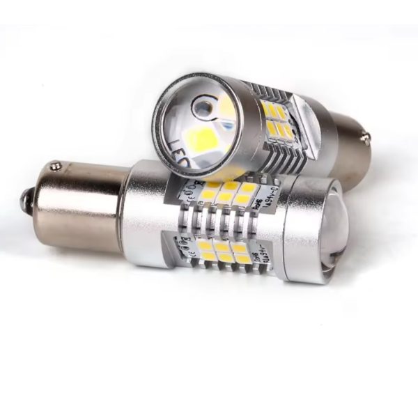 Set 2 becuri auto LED cu lupa 1156 BA15S P21W, BZRSH , cu 21 de LED-uri, Alb rece, 6000K