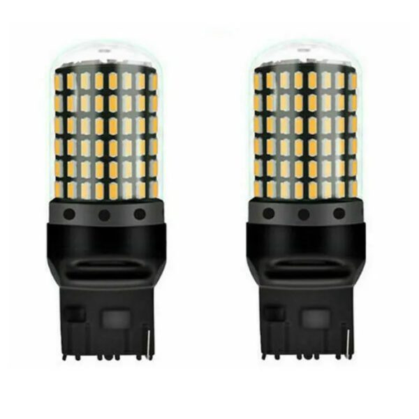 Set 2 becuri auto LED, T20, W21W, WY21W, 7440, 144 leduri, lumina alba rece, 12V, BZRSH, marsarier, lumini de zi, daylight, soclu T20