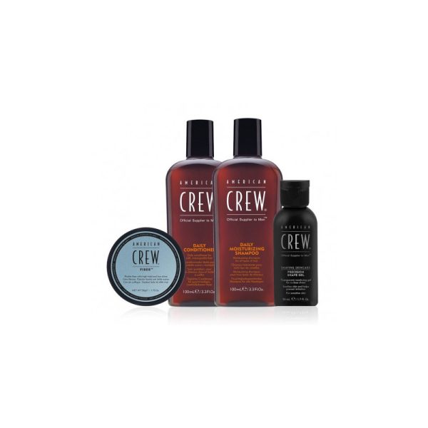 Essential Set American Crew: Daily, Hair Conditioner, For Moisturizing, 100 ml + Daily, Hair Shampoo, For Hydration, 100 ml + Fiber, Hair Styling Pomade, For Styling, Strong Hold, 50 ml + Precision, Soothing, Shaving Gel, 50 ml - For Men