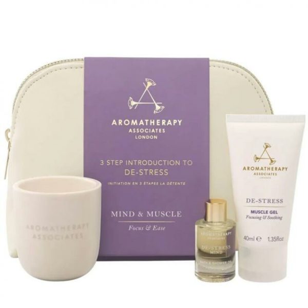 Set Aromatherapy Associates: De-Stress, Scented Candle, 85 g + De-Stress Mind, Shower Oil, 9 ml + De-Stress Muscle, Soothing, Gel Cream, 40 ml + De-Stress, Hair Accessories Plastic Bag - For Women