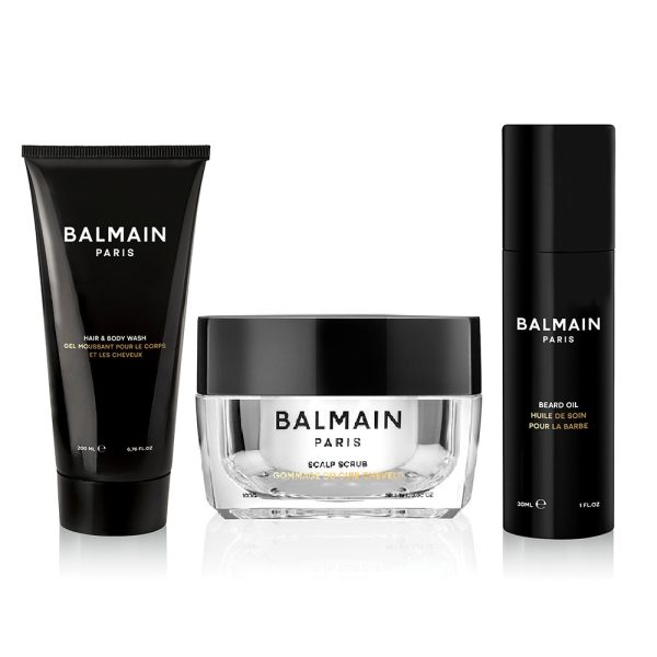 Set Balmain Professionnel: Men, Scalp Scrub, 100 g + Men, Beard Oil, Dimethicone, For Definition & Texture, 30 ml + Men, Shower Gel & Shampoo 2-In-1, Glycerin, 200 ml - For Men