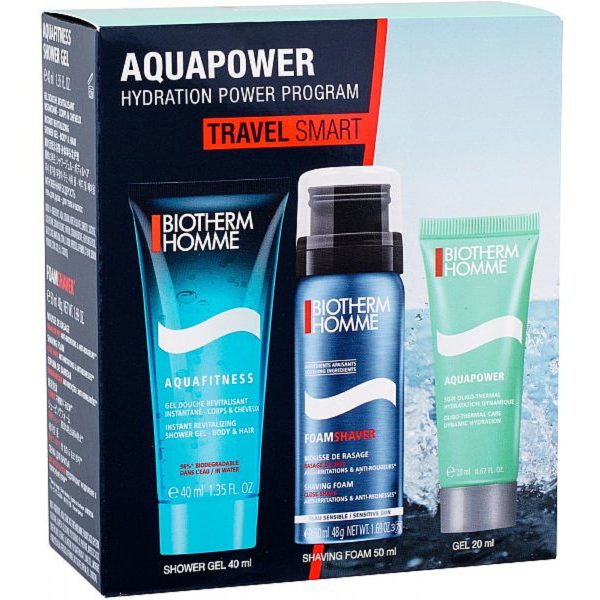 Travel Smart Set Biotherm: Aquapower, Moisturizing, Cream, For Face, 20 ml + Aquapower, Shaving Foam, 50 ml + Aquapower, Cleansing, Shower Gel, 40 ml - For Men