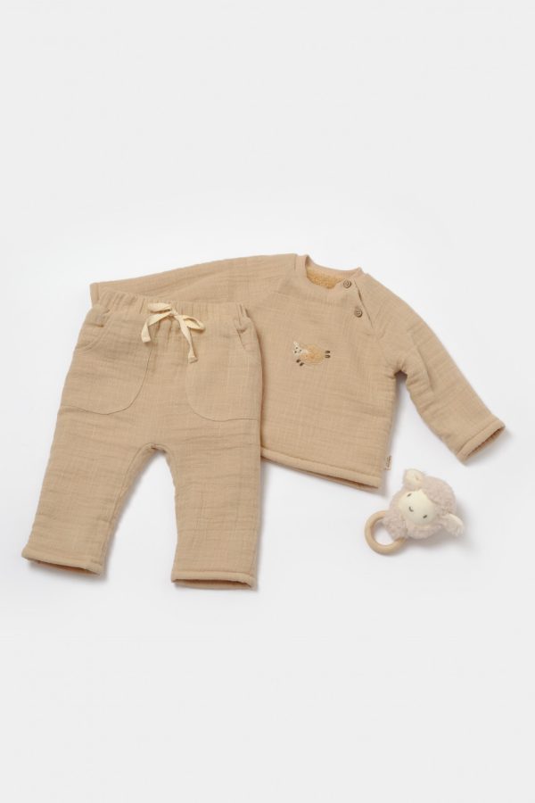 Set bluza dublata si pantaloni, Winter muselin - Apricot, BabyCosy (Marime: 9-12 luni)