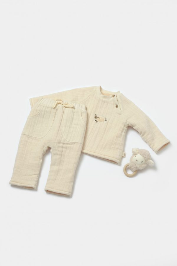 Set bluza dublata si pantaloni, Winter muselin - Stone, BabyCosy (Marime: 6-9 luni)