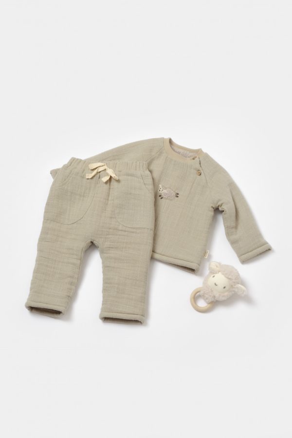 Set bluza dublata si pantaloni, Winter muselin- Verde, BabyCosy (Marime: 9-12 luni)