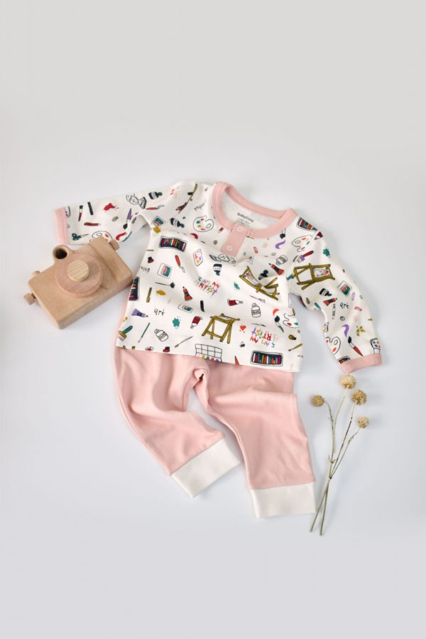 Set bluzita cu maneca lunga si nasturei si pantaloni lungi, 100% bumbac organic, BabyCosy, Pudra (Marime: 9-12 luni) - imagine 2