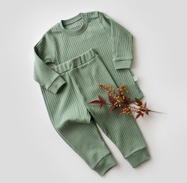 Set bluzita cu maneca lunga si pantaloni lungi din bumbac organic si 5% elastan - Verde BabyCosy (Marime: 12-18 Luni)