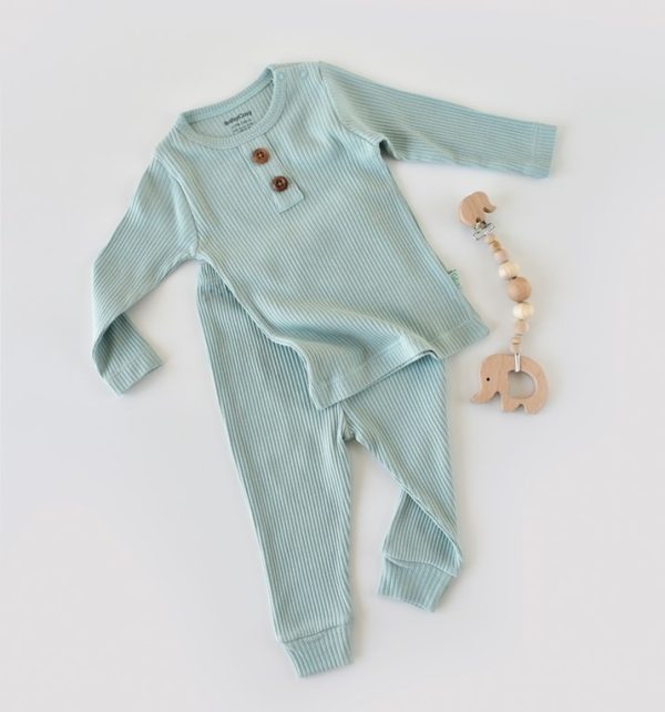 Set bluzita cu maneca lunga si pantaloni lungi din bumbac organic si modal - Mint BabyCosy (Marime: 3-6 Luni)