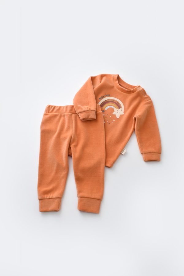 Set Curcubeu cu bluzita cu maneca lunga si pantaloni lungi din 80%bumbac organic si 20% poliester - Portocaliu, BabyCosy (Marime: 12-18 Luni) - imagine 2