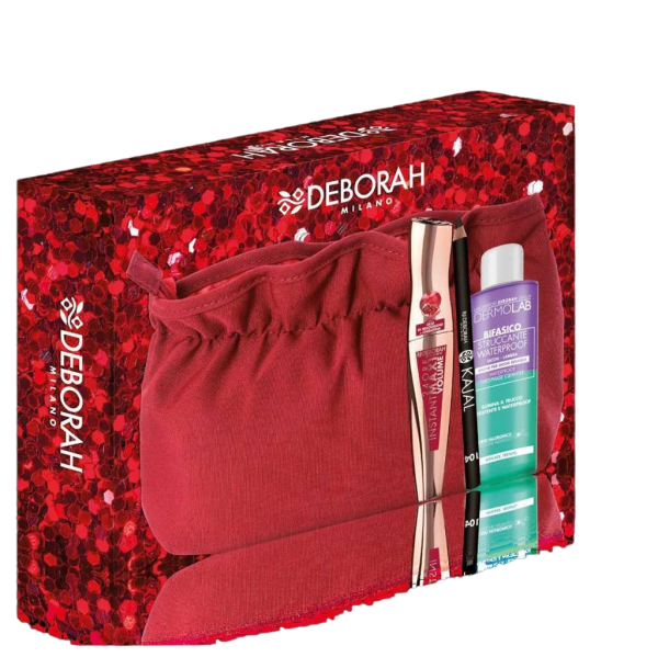 Set Deborah: Dermolab Bifasico, Hyaluronic Acid, Makeup Remover Lotion, 50 ml + Deborah, Kajal Eye Pencil, 104, Black, 1.5 g + Instant Maxi, Volumizing, Mascara, Black, 14 ml + Textile Makeup Bag, Red - For Women