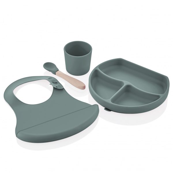 Set diversificare 4 piese din silicon BabyJem: bavetica, farfurie, lingurita si pahar (Culoare: Ecru) - imagine 3