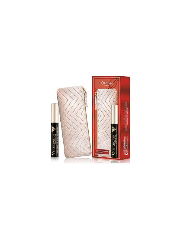 Set L'Oreal Paris: Textile Makeup Bag, Cream + Voluminous X5, Volumizing, Mascara, Extra Black, 7.5 ml - For Women