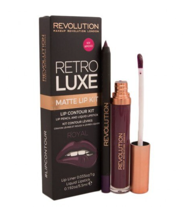 Set Makeup Revolution: Retro Luxe, Matte, Liquid Lipstick, Royal, 5.5 ml + Retro Luxe, Lip Liner, Royal, 1 g - For Women