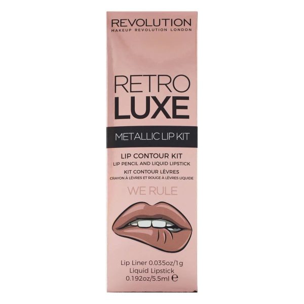 Set Makeup Revolution: Retro Luxe, Metallic, Liquid Lipstick, We Rule, 5.5 ml + Retro Luxe, Lip Liner, We Rule, 1 g - For Women