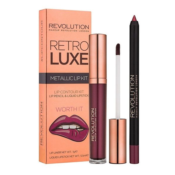 Set Makeup Revolution: Retro Luxe, Metallic, Liquid Lipstick, Worth It, 5.5 ml + Retro Luxe, Lip Liner, Worth It, 1 g - For Women