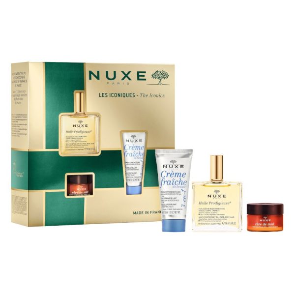 Iconic Beauty Set Nuxe: Reve de Miel, Honey, Lip Balm, 15 g + Huile Prodigieuse Or Multi-Purpose, Body Oil, For Face, Body & Hair, 50 ml + Creme Fraiche de Beaute, Moisturizing, Cream, For Face, 30 ml - For Women