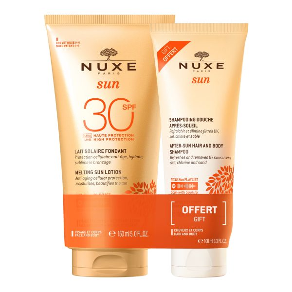 Set Nuxe: Sun Melting, Sunscreen Lotion, SPF 30, 150 ml + Sun, After-Sun Shampoo, For Hair & Body, 100 ml - For Women