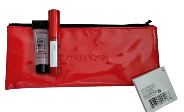 Deluxe Trial Size Set Smashbox: Super Fan, Volumizing, Mascara, Black, 5 ml + Photo Finish, Smoothing, Liquid Primer, 7.1 ml + Textile Makeup Bag, Red - For Women