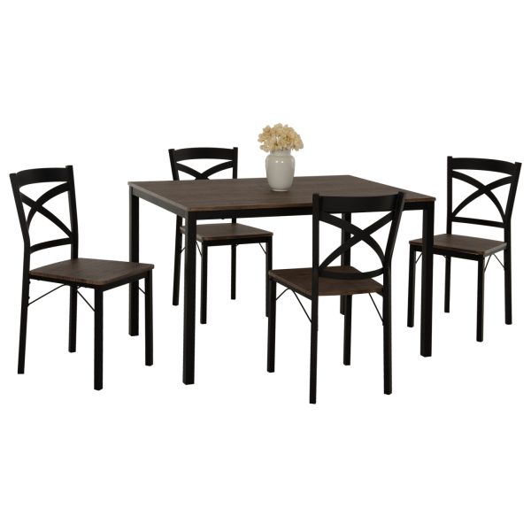 Set dining, masa + 4 scaune, nuanta nuc/negru, 120x70x76 cm