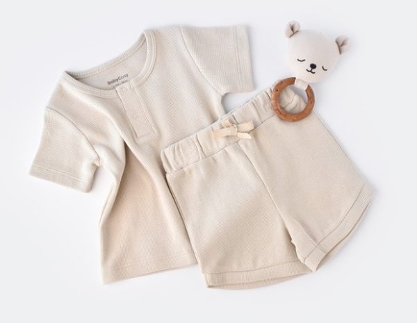 Set tricou cu pantaloni scurti - 100% bumbac organic - Stone, BabyCosy (Marime: 9-12 luni) - imagine 2