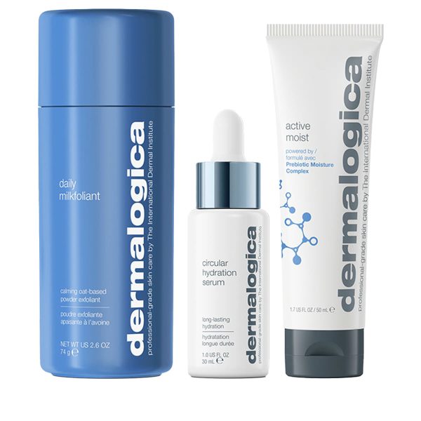 Smooth + Hydrate Set Dermalogica: Daily Milkfoliant, Exfoliating, Exfoliating Powder, 74 g + Active Moist, Prebiotics, Hydrating, Cream, For Face, 50 ml + Circular Hydration, Hyaluronic Acid, Serum, For Face, 30 ml - For Women