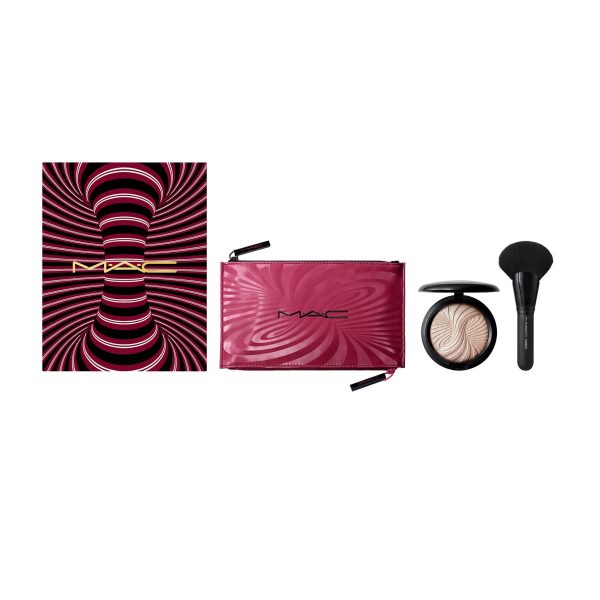 Trick Of The Light Extra Dimension Skinfinish Kit Set MAC: Textile Makeup Bag, Burgundy + MAC, Multi Face Brush, 143S + Extra Dimension Skinfinish, Highlighter Powder, Magnetic Attraction, 9 g - For Women