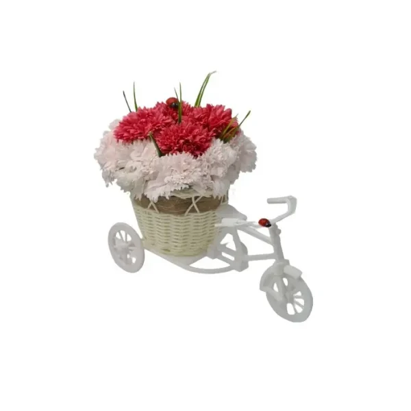 Aranjament Floral Trandafiri "bicicleta Cu Flori Zambarete", Flori De Sapun, Garoafe, 30x17x15 Cm