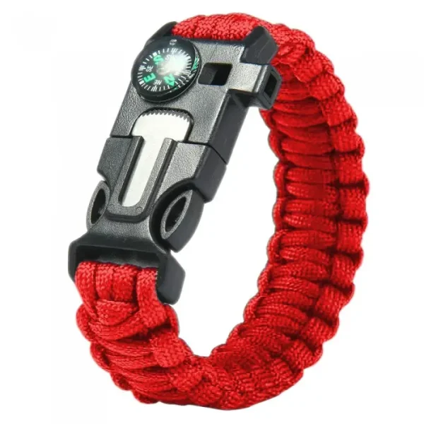 Bratara De Supravietuire In Aer Liber, Tip Army, 5 In 1, Paracord, Busola , Fluier, Cutit, Cremene, Rosu, 26 Cm