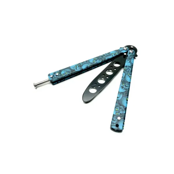 Cutit Fluture Butterfly, Balisong 22 Cm, Albastru, Cranii, Fara Tais, De Antrenament - imagine 3