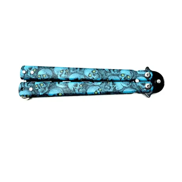 Cutit Fluture Butterfly, Balisong 22 Cm, Albastru, Cranii, Fara Tais, De Antrenament - imagine 6