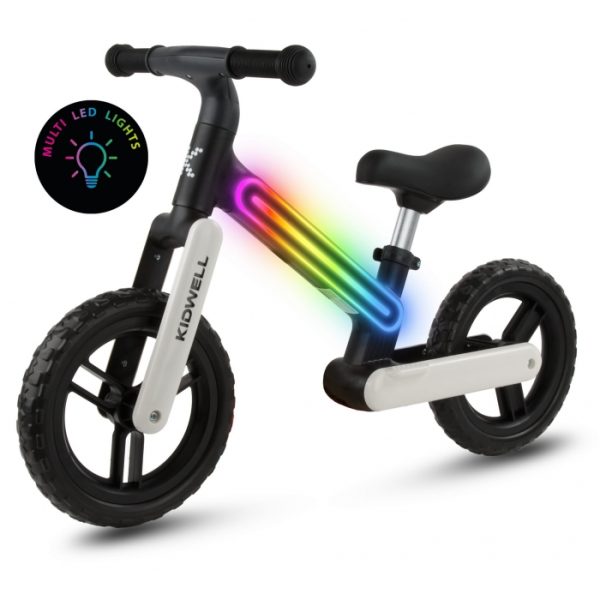 Bicicleta fara pedale, cadru nailon cu LED, roti EVA, Kidwell SUNO - Alb-Negru