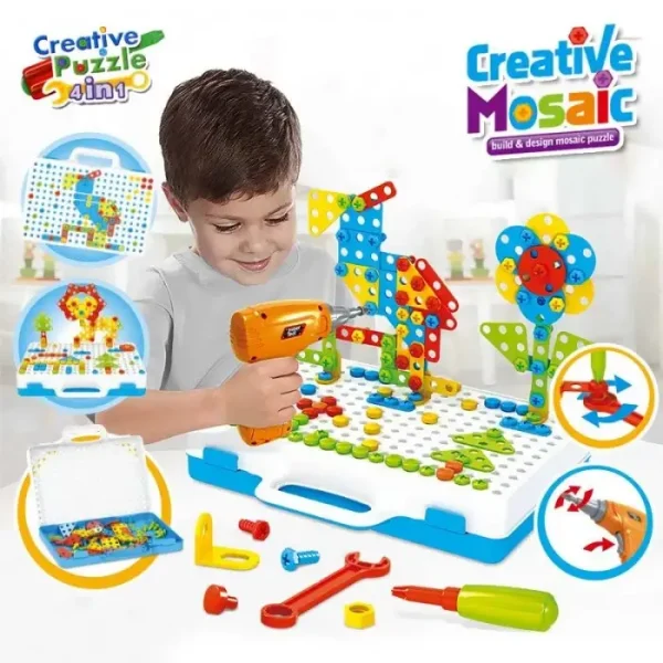 Joc Mozaic Puzzle Cu Bormasina Electrica De Jucarie , Creativ De Constructie