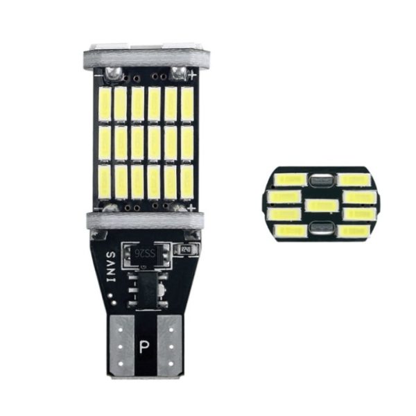 Set 2 becuri auto LED T15 W16W, 45 SMD, 12V, CanBus, BZRSH , fara eroare bec ars, pentru marsarier, plafoniera, portbagaj, lumini oglinda, lumini ambientale, lumina alba 6500K