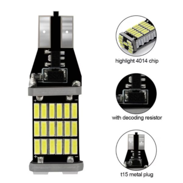 Set 2 becuri auto LED T15 W16W, 45 SMD, 12V, CanBus, BZRSH , fara eroare bec ars, pentru marsarier, plafoniera, portbagaj, lumini oglinda, lumini ambientale, lumina alba 6500K - imagine 2