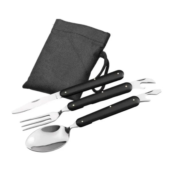 Set 3 Tacamuri Pliabile, Lingura, Furculita, Cutit, Otel Inoxidabil, 17 Cm, Negru, Husa