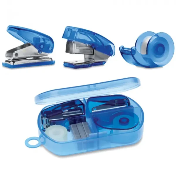 Set Papetarie, Mini Perforator, Banda Adeziva Si Capsator Cu 300 Capse, Cutie Transparenta, Albastru, 9,5x6x2 Cm