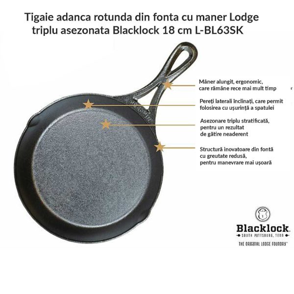 Tigaie adanca rotunda din fonta cu maner triplu asezonata Lodge Blacklock 18 cm L-BL63SK - imagine 5