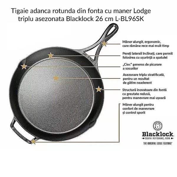 Tigaie adanca rotunda din fonta cu maner triplu asezonata Lodge Blacklock 26 cm L-BL96SK - imagine 8